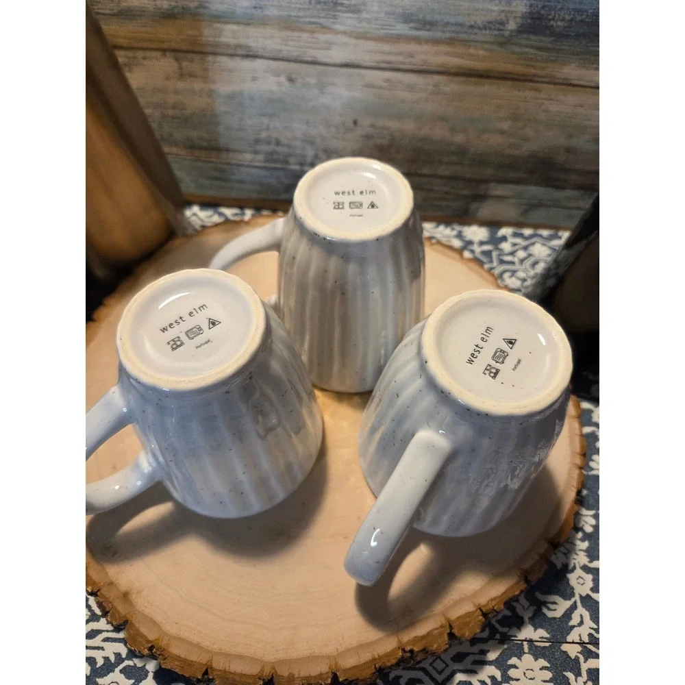 Set of‎ 3 West Elm Ribbed Speckled Stoneware Mugs White Rustic Farmhouse